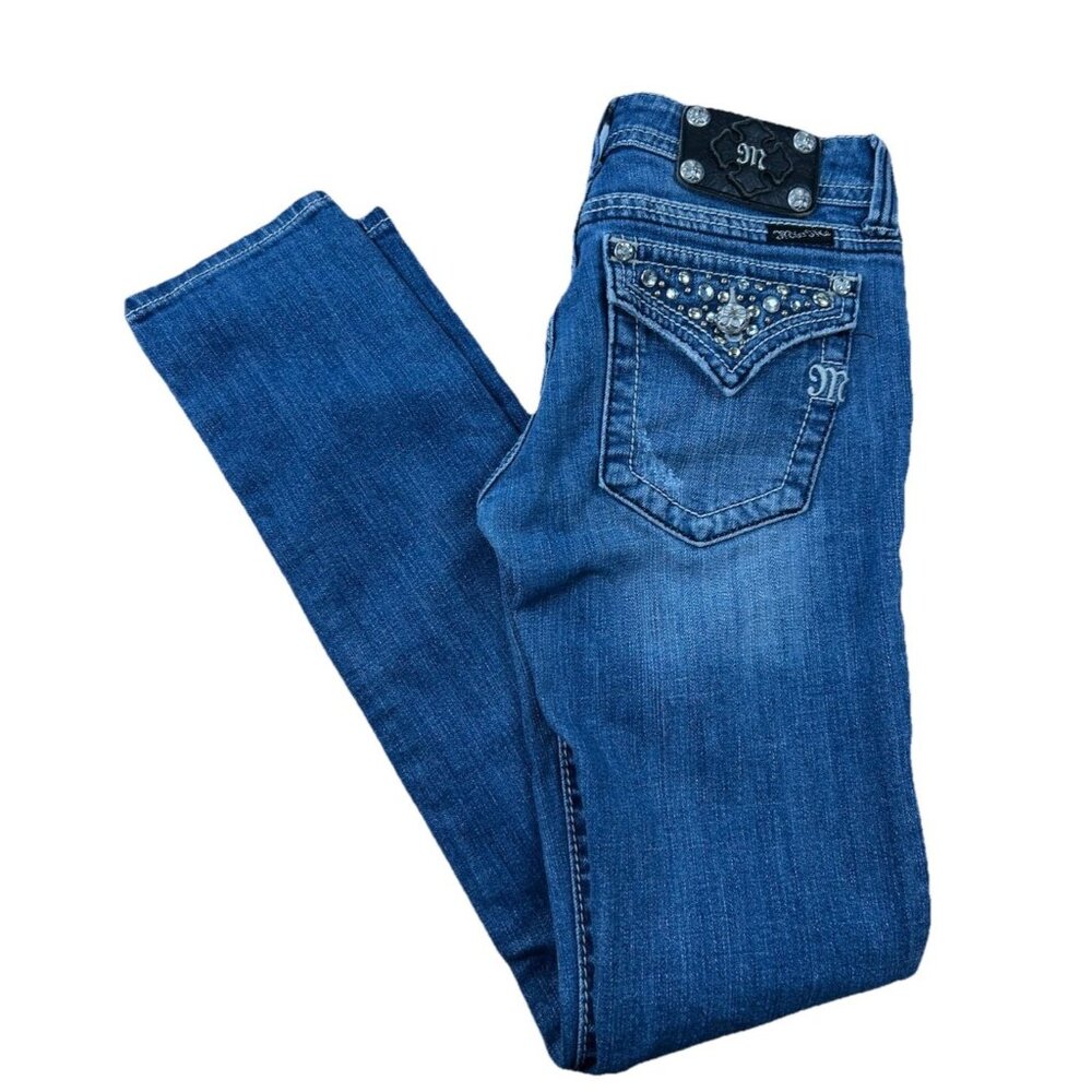 Miss Me Standard Skinny Jeans Woman's Sz 26 Embellished Pockets Blue Denim JW514 - Picture 1 of 12